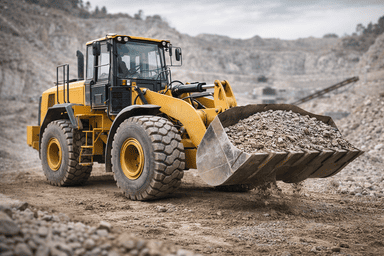 Bombas Hidráulicas para Cargadoras Cargadora de ruedas trabajando en cantera con cuchara cargada de material