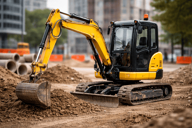 Bombas Hidráulicas para Mini-Excavadoras Mini excavadora de cadenas trabajando en obra urbana