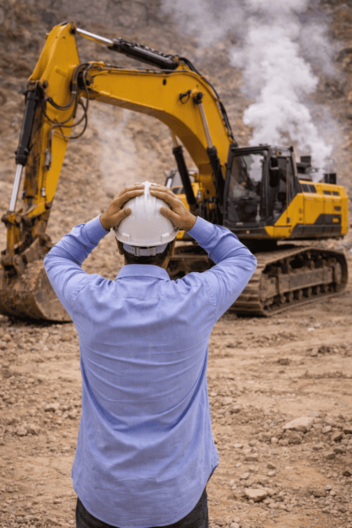 Inspección de excavadora en obra y maquinaria pesada