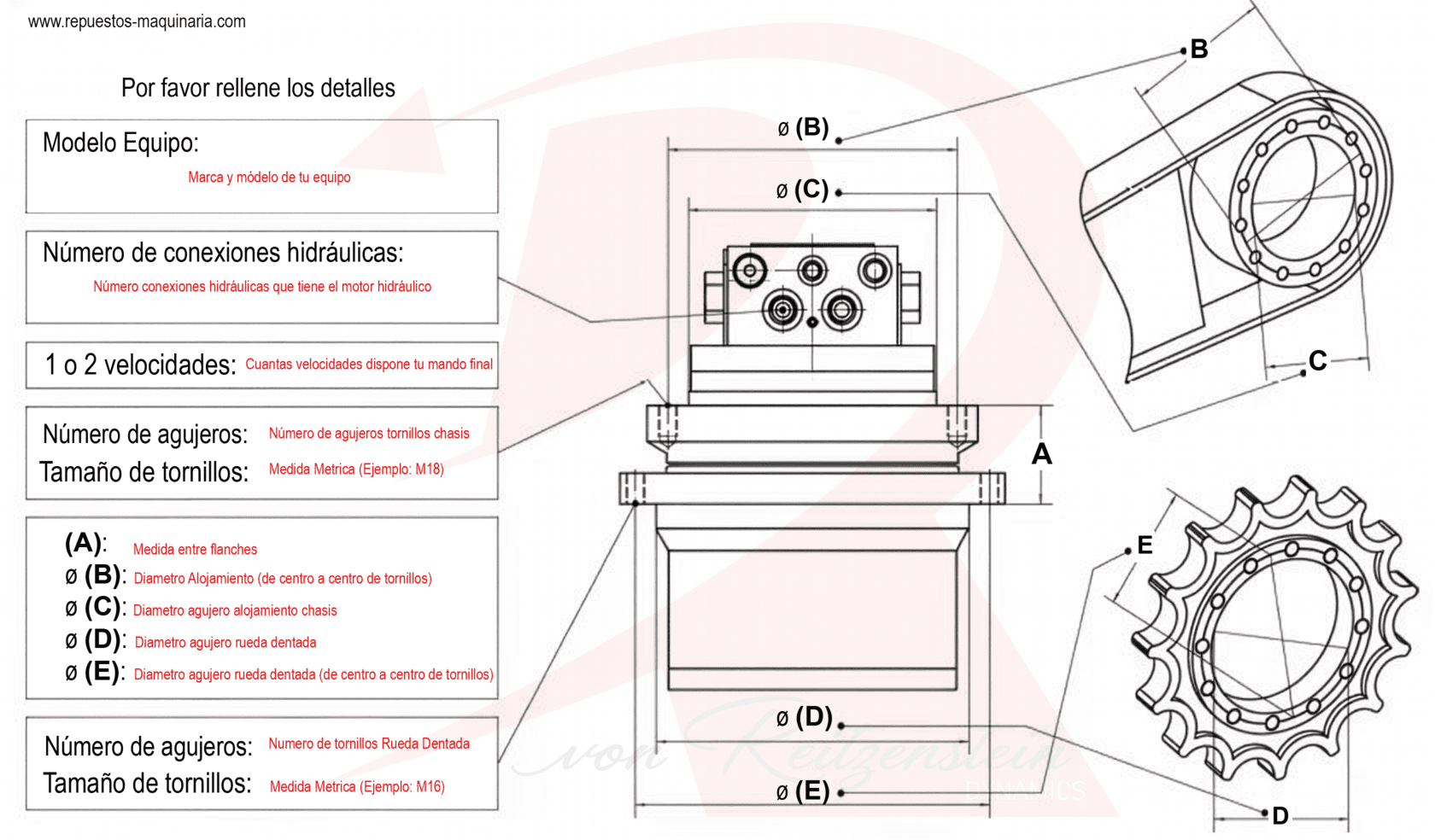 Guía de medidas para mandos finales Plantilla de medidas para mando final de excavadora